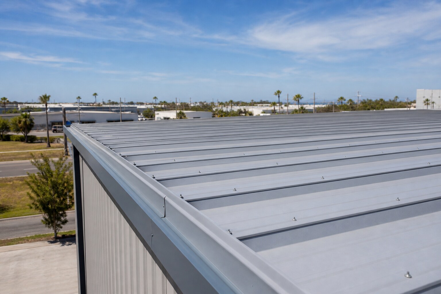 Illustrative commercial metal roofing seam and fastener area